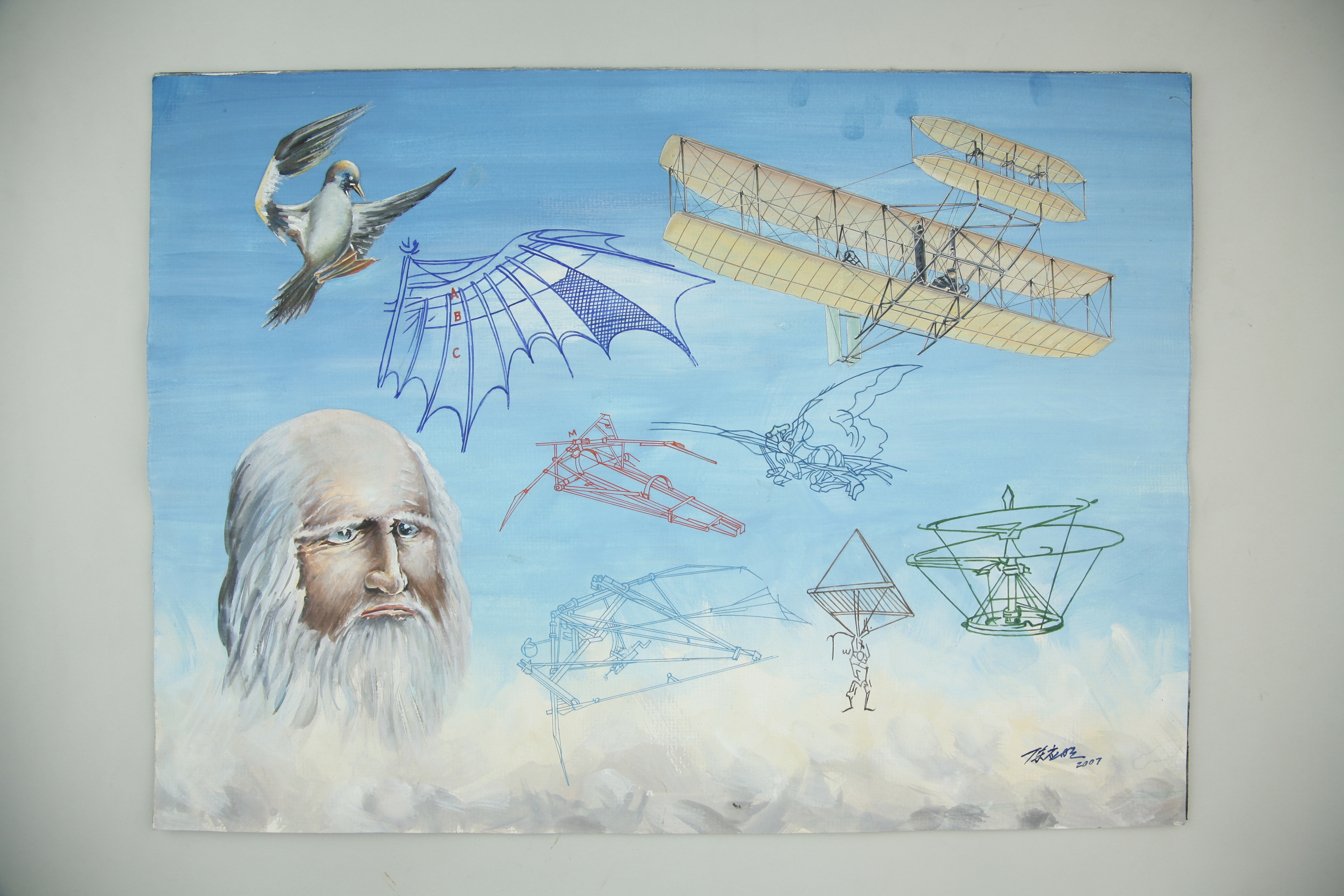 MB002424-2007年陈应明绘制的水粉航空画“达•芬奇和其设想的扑翼机草图”.jpg