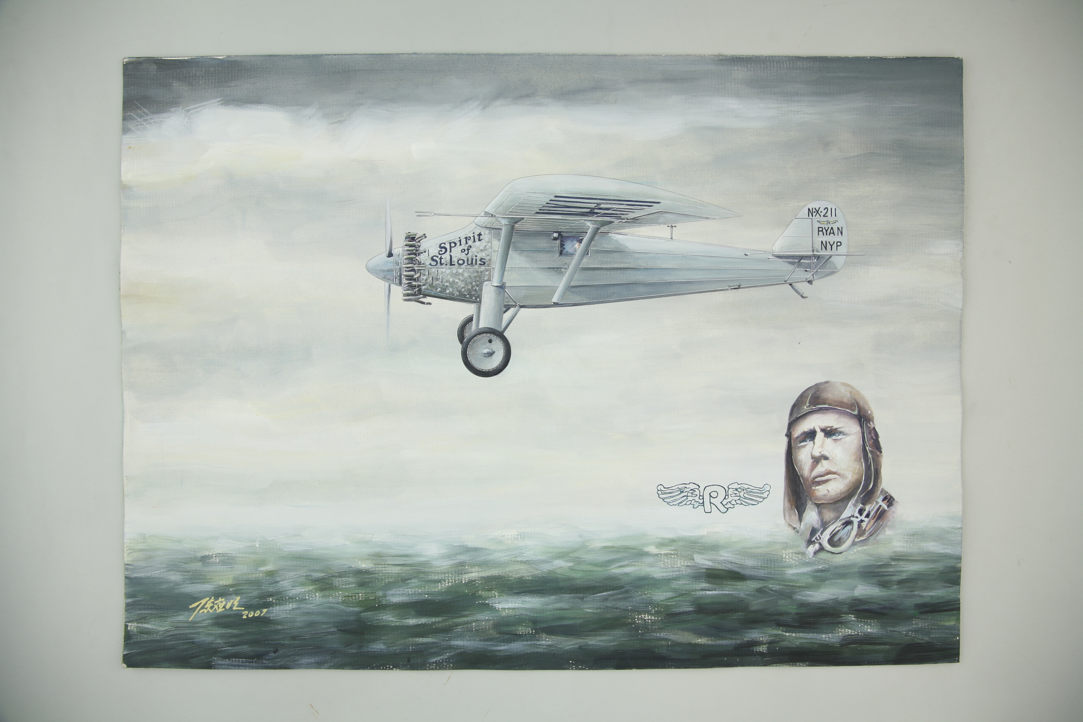 MB002425-2007年陈应明绘制的水粉航空画“美国人林白成功飞越大西洋”.jpg